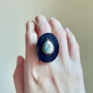 Ashley Pittman Size 7 - 7.5 carved dark cow horn rustic Turquoise gemstone ring